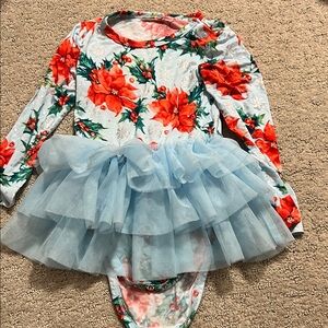 Posh Peanut Bamboo 2T Christmas Flower Bodysuit with Blue Tulle Skirt like new